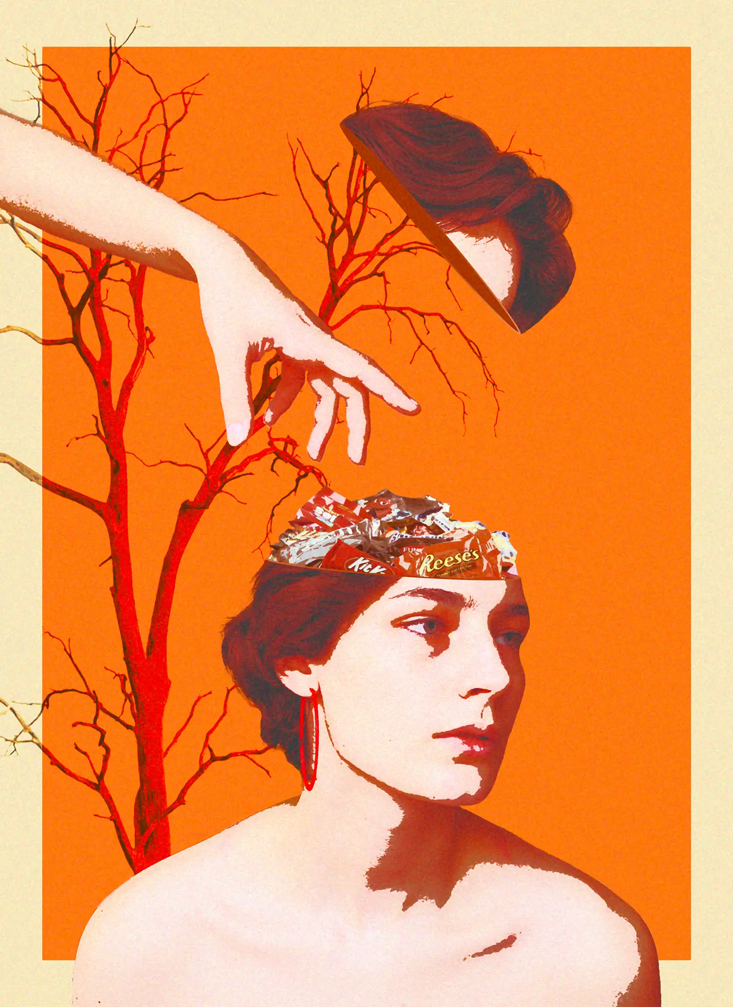 Kate is looking to the right with bare shoulders and a short fringe haircut. The top of their head has been removed 
                            to reveal a bowl of candy where their brain should be, and a hand reaches from out of frame to grab a piece. The background is 
                            orange with a cream border and a dead tree overlaid.