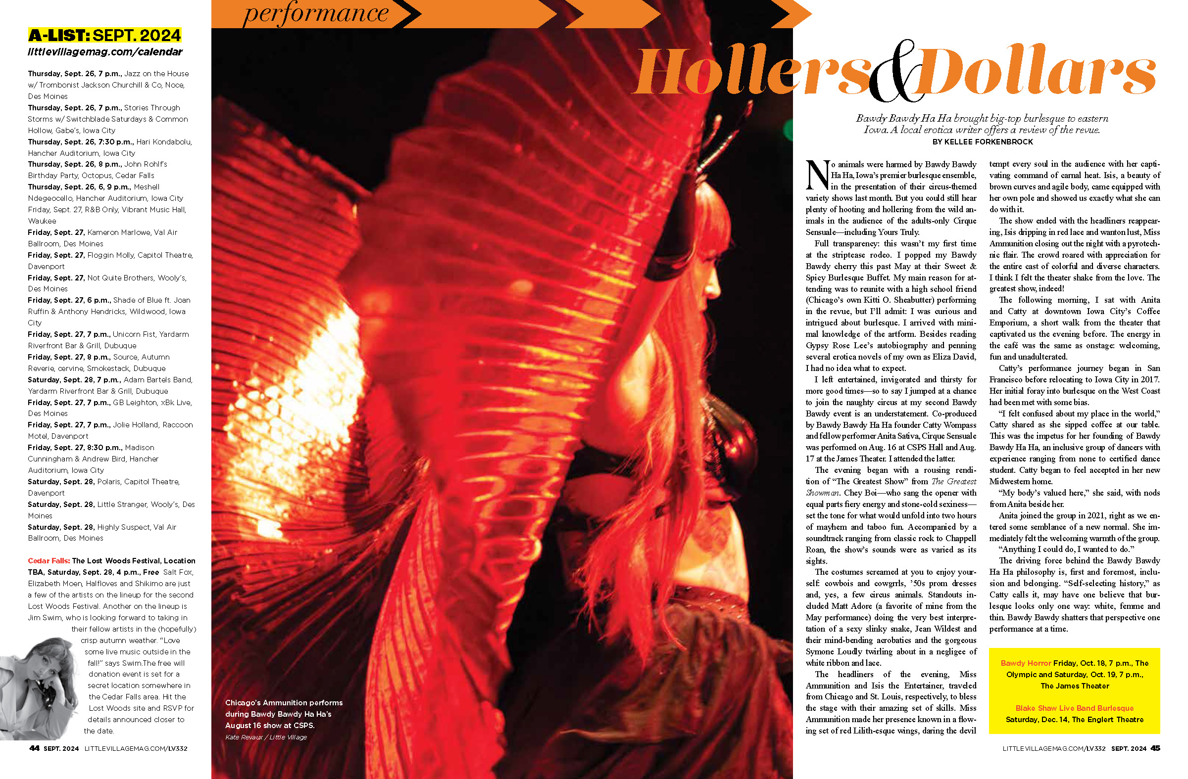 Spread for the story 'Hollars & Dollars' about a Bawdy Bawdy Ha Ha burlesque performance. A photo of a performer making a sweeping 
                        motion with red irridescent fabric resembling wings spreads across the middle of the page.