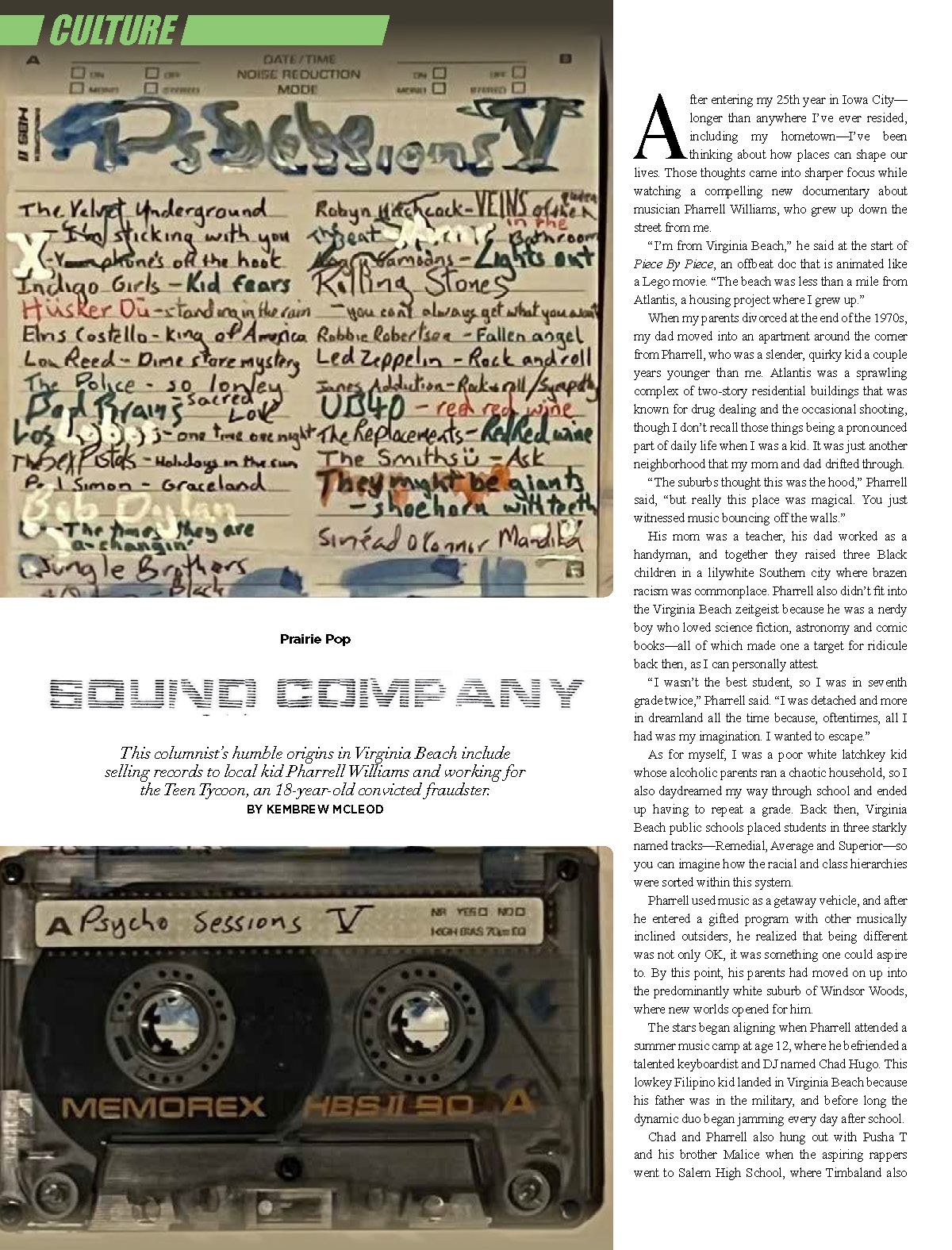 Prairie Pop story called 'The Sound Company,' the title of which is a scan of The Sound Company's logo from 
                            an ad. Above and below is a bisected image of a homemade mixtape and track list called 'Psycho Sessions V'.