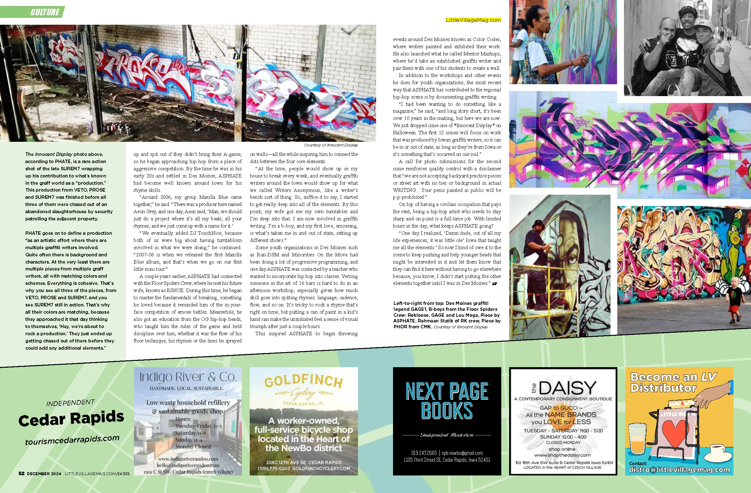 Second spread for 'The Avatar' featuring photos of graffiti and graffiti writers from Innocent Display.