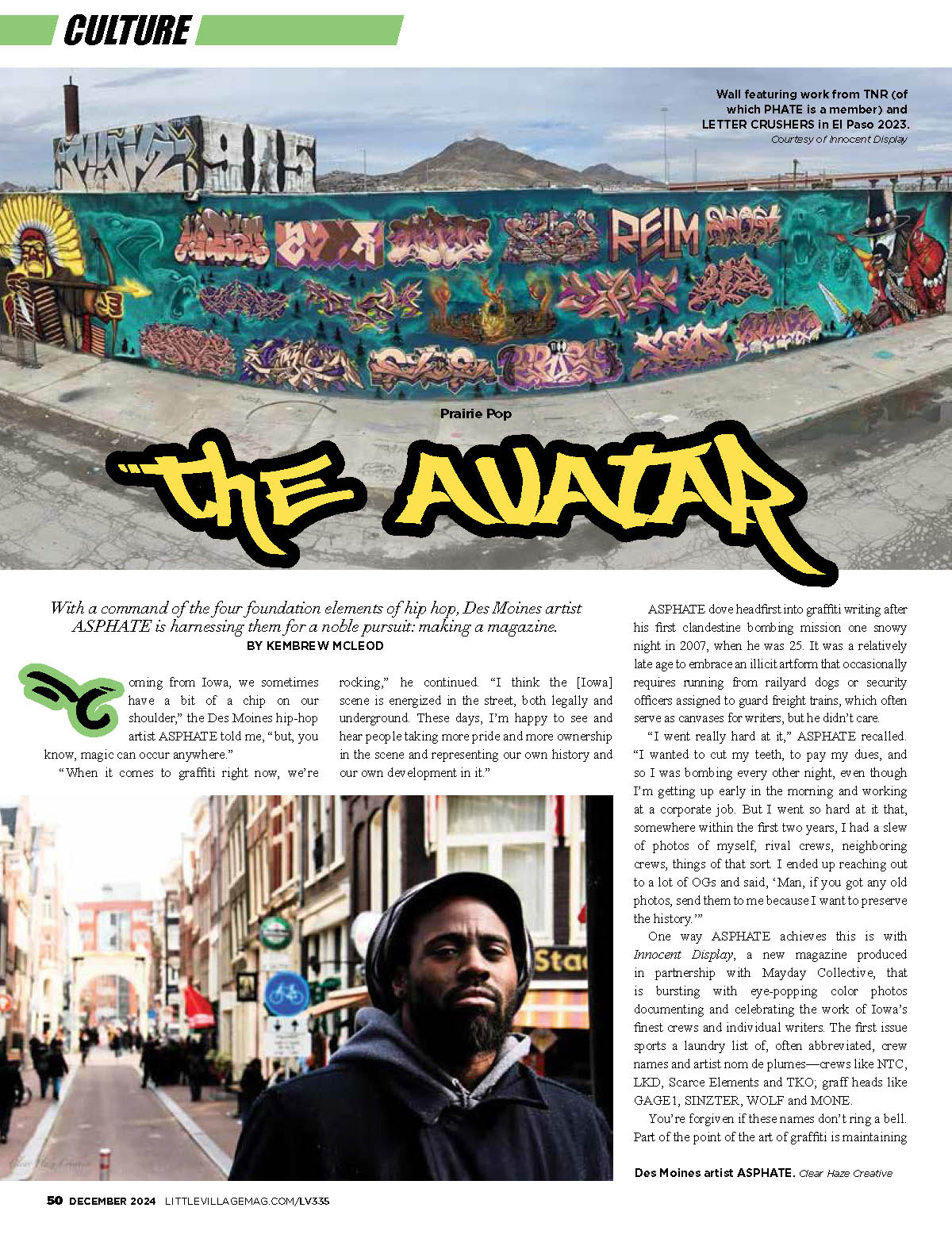 Spread for a story titled 'The Avatar' about Innocent Display, a magazine about graffiti in Iowa.