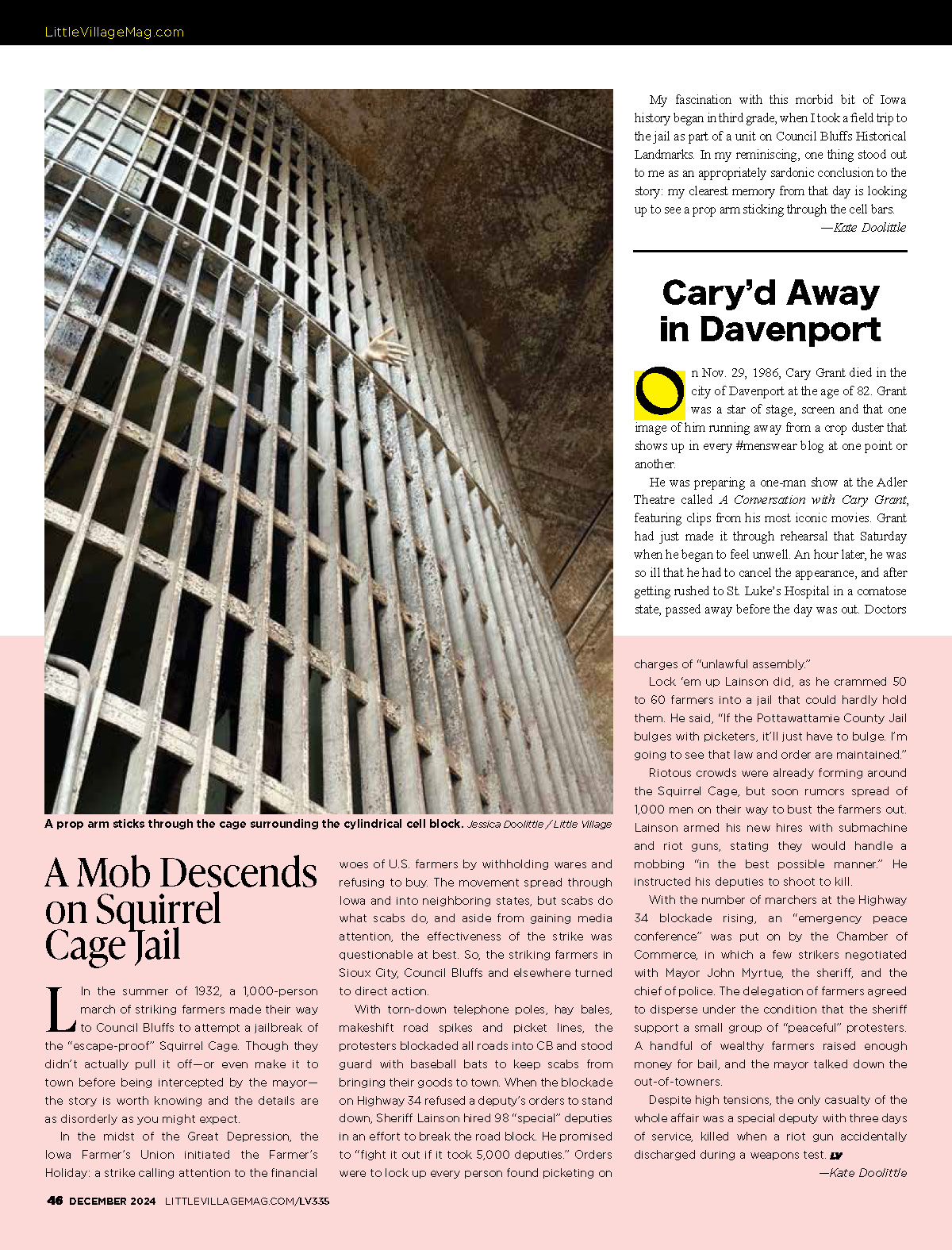 A page from Peak Iowa where the squirrel cage jail story continues with a sidebar about the Farmers' Holiday strike. The image on this page 
                            is a large picture of the metal cage surrounding the cell block with a prop arm sticking through the bars.