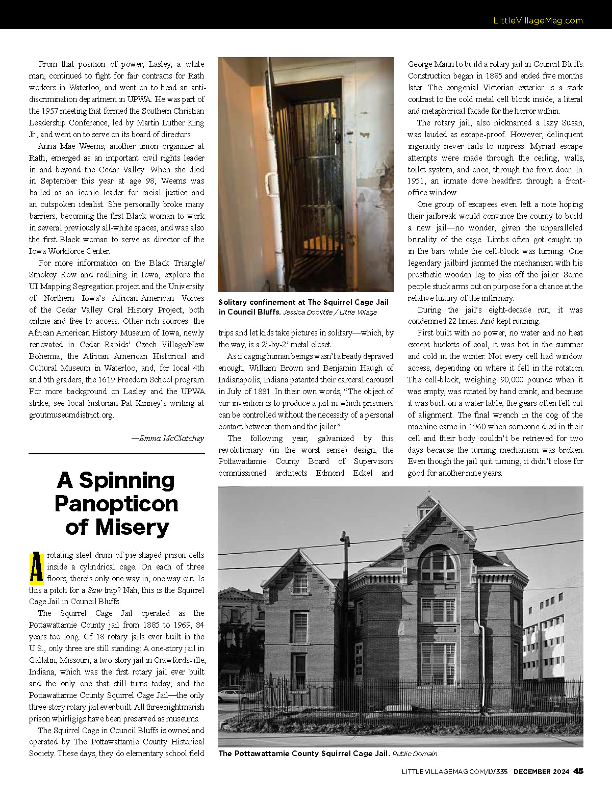 A page from Peak Iowa where the story Kate wrote about the squirrel cage jail in Council Bluffs starts. The title is 'A Spinning 
                            Panopticon of Misery' and the images are of the 2 foot by 2 foot solitary confinement cell inside the jail and a black and white photograph 
                            of the outside of the jail.