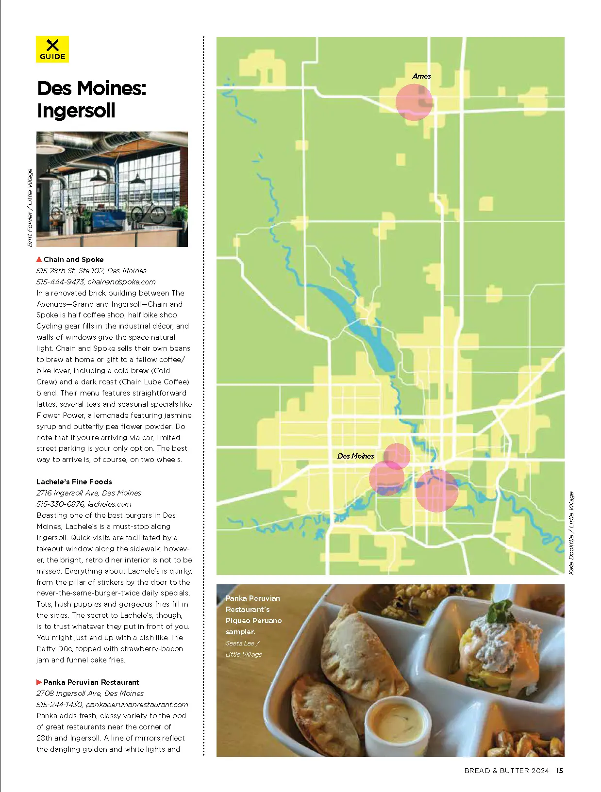 Page in the 2024 Bread & Butter about Des Moines area eateries. There's an illustrated map by Kate on the right.