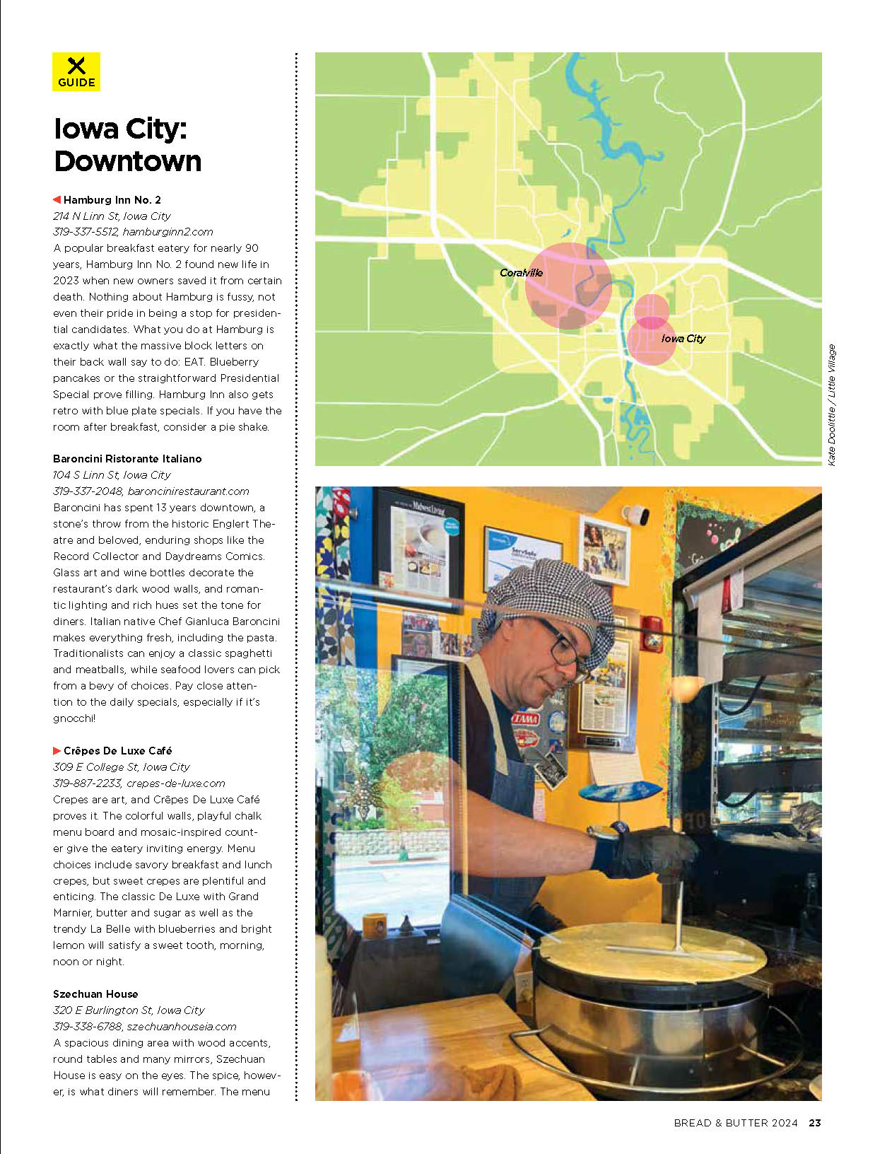 Page in the 2024 Bread & Butter about Iowa City area eateries. There's an illustrated map by Kate on the right.