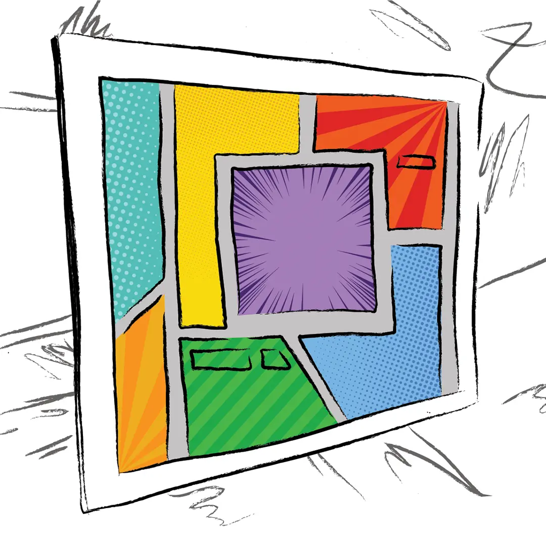 Back side of the first backdrop. The comic panel has flipped directions revealing colorful comic panels inside, 
                        with halftone patterns and burst lines. The illustrated person is gone.