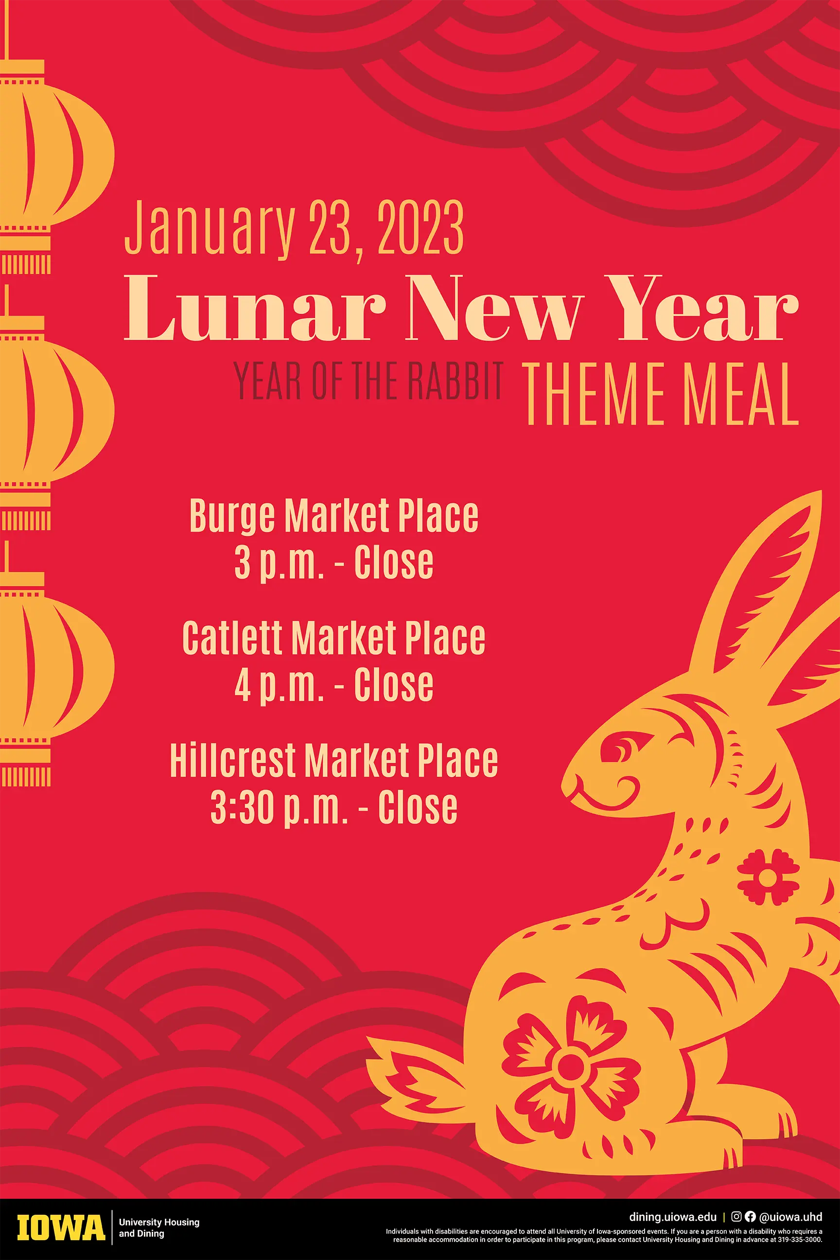 Poster for Lunar New Year theme meal. The background is red with darker red stylized wave pattern. There are yellow paper-cutout 
                            lanterns on the left and a paper cutout rabbit in the bottom right.