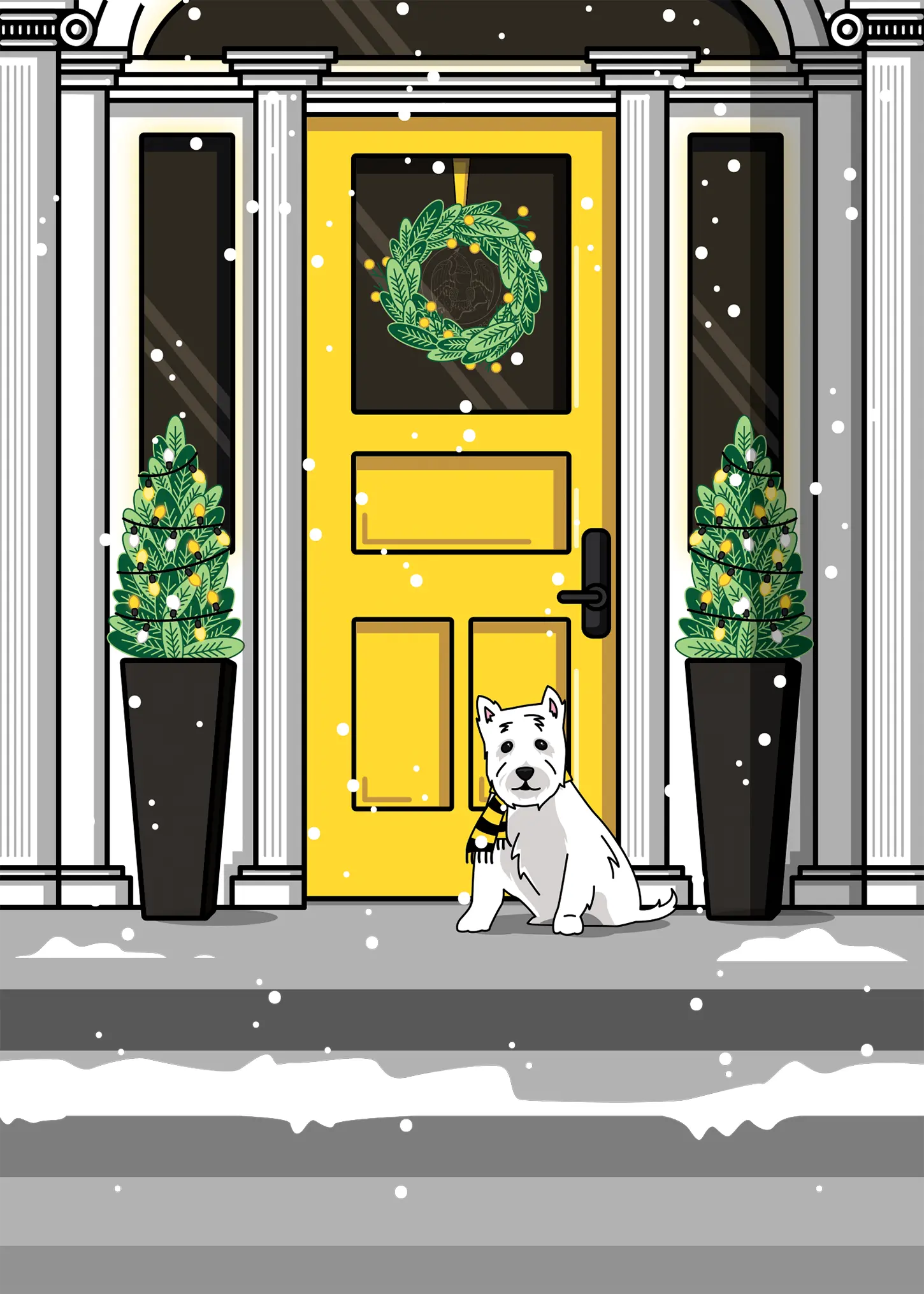 Close up of the Illustration for the President's Holiday Card, which features her dog on the front porch of the President's house during a snow. 
                            The front door is yellow with a green wreath on it.