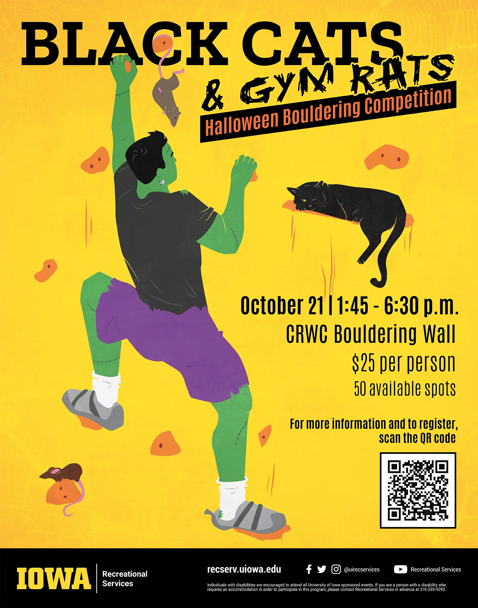 Poster for Black Cats & Gym Rats halloween climbing event. A person dressed as Frankenstein's monster with green skin and purple shorts 
                            is climbing on orange hand holds on a yellow wall. There are rats sitting on some of the hand holds and one is hanging by its tail. A black cat is 
                            laying on a ledge with one eye open.