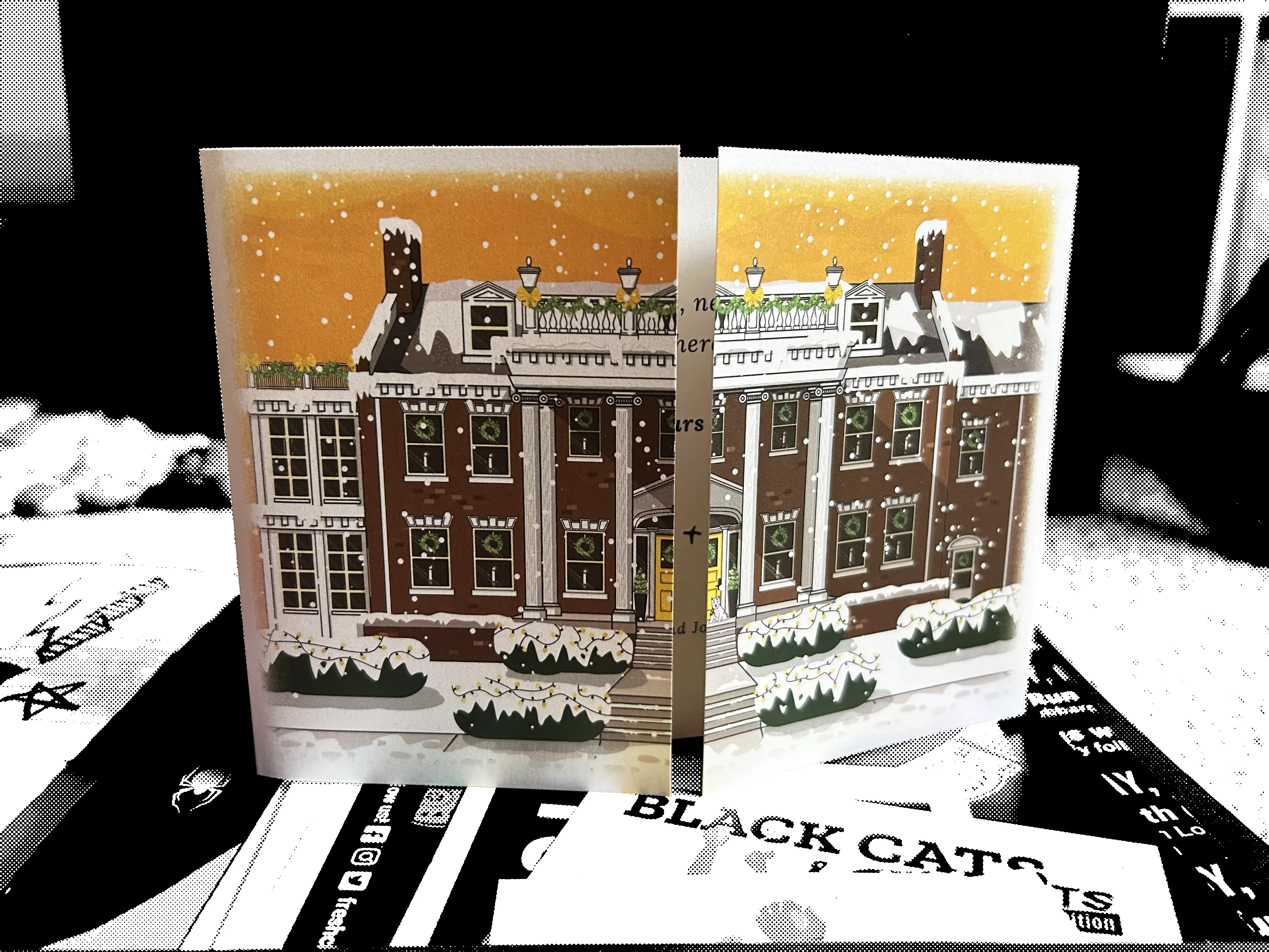 President's Holiday card, which features an expanded illustration of the entire President's house during a snow. There are candles and wreathes in every window, 
                        garland along the porch railings, and lights on all the front bushes. The sky is a yellow sunset. The card opens in the center as if the front door is opening. The 
                        President's dog is sitting on the front porch near the door.