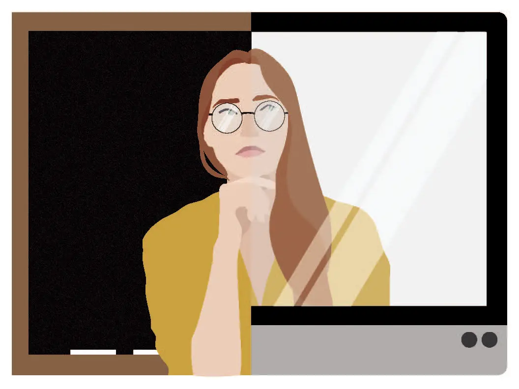 Graphic of a person with glasses and light brown hair in a yellow shirt sitting with their hand under their chin and a concerned expression. 
                            On the left side, there's a chalk board behind them, and on the right side there's a computer screen in front of them.