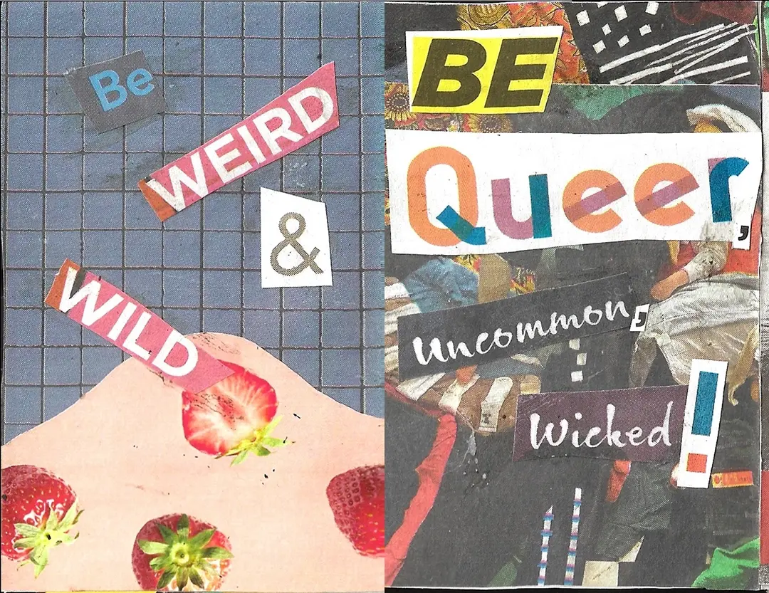 Zine spread made of collaged images and text cut out of magazines.