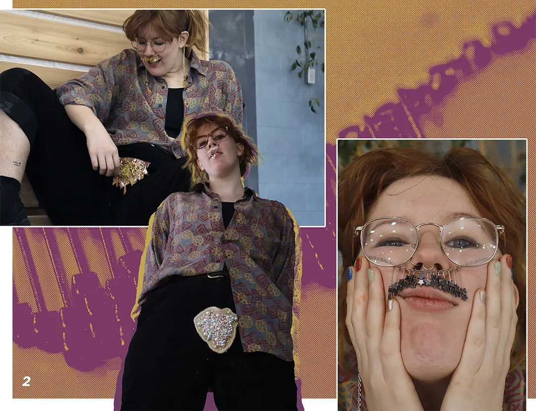 Zine spread with photos of Lex wearing a gold bush and mustache.