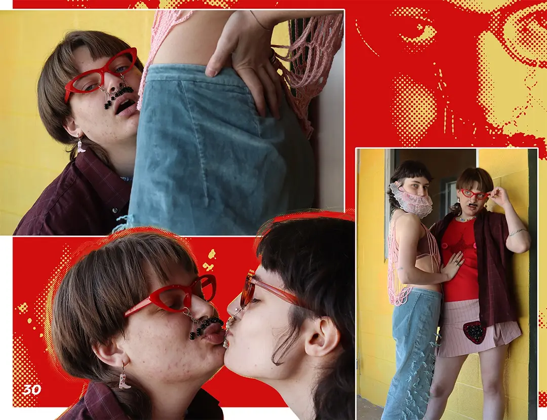 Zine spread with photos of Kate and Nix posing together. Kate is wearing leg hair pants and a lace beard and 
                        Nix is wearing a red shirt with fake chest hair and nipples on it, a pink miniskirt with a black beaded bush, and 
                        red framed glasses with a black beaded mustache.