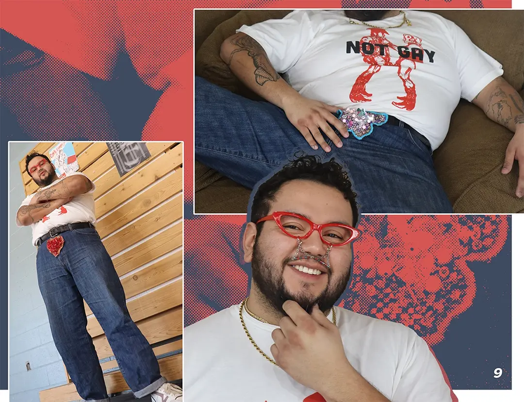 Zine spread with photos of Estevan wearing red framed glasses with a beaded pencil mustache, a red 
                        bush, and a pink and blue butterfly-shaped bush.