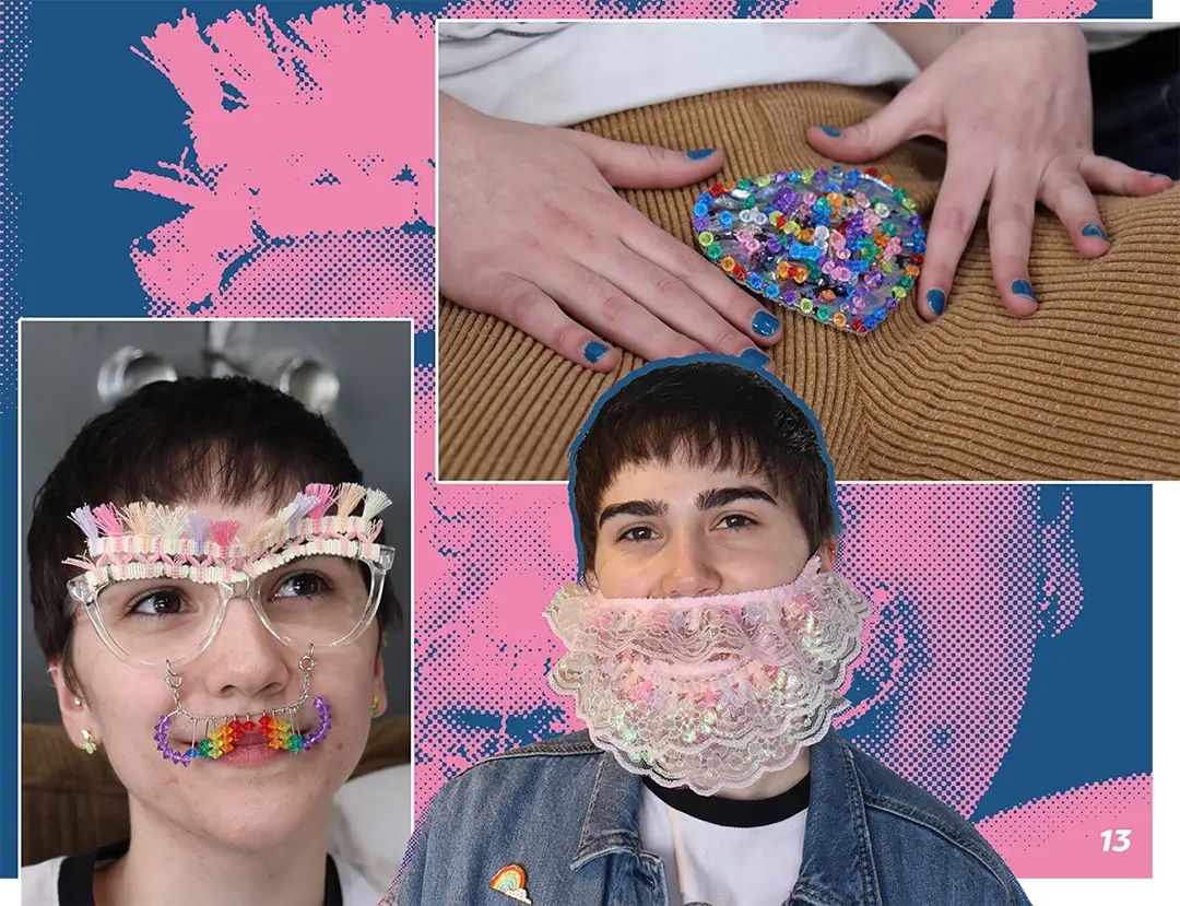 Zine spread with photos of Cam wearing a rainbow bush, glasses with a rainbow handlebar mustache 
                        and tassel unibrow, and a lace beard.