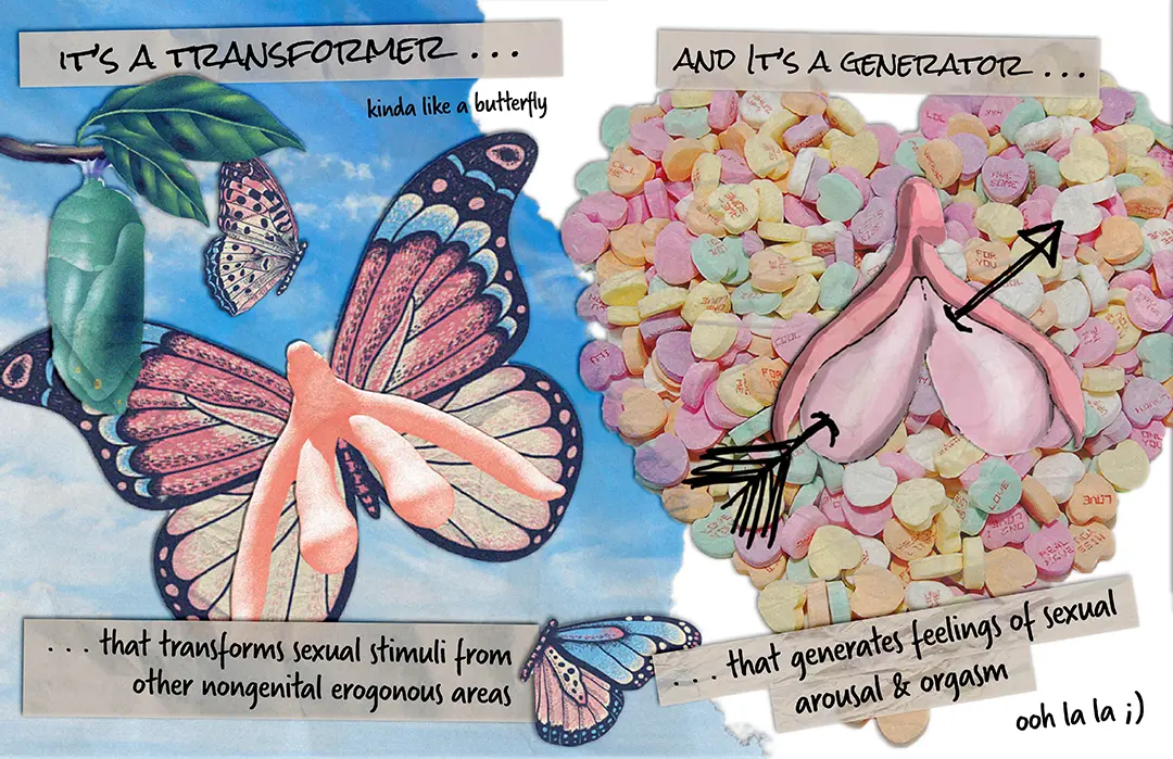 Zine spread with text in a marker font on tape. The left side is a model of a clitoris on top of butterfly wings, 
                        with butterflies and a chrysalis surrounding it. The other side is a drawing of the clitoris with a marker drawing of 
                        an arrow piercing it, like a cartoon heart. It's sitting atop a heart shaped pile of conversation heart candies.