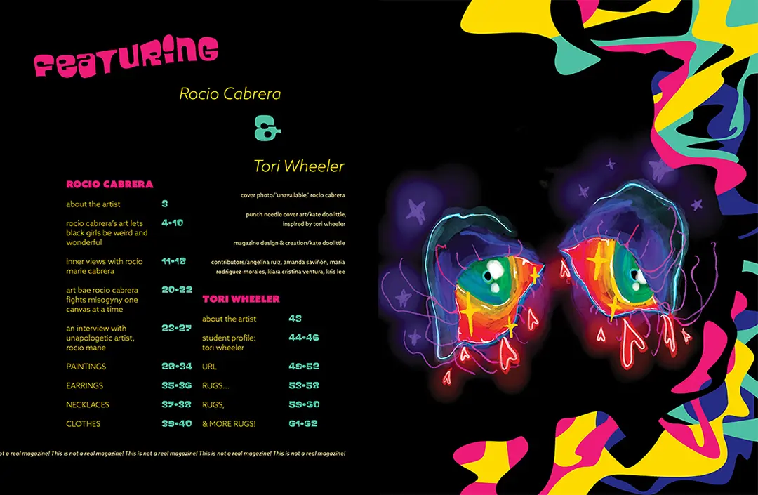 The table of contents spread of the magazine on a black background. The top text reads: 'Featuring Rocio Cabrera and Tori Wheeler.' The table of contents is 
                        too small to read. The facing page features the cover image with no title text.