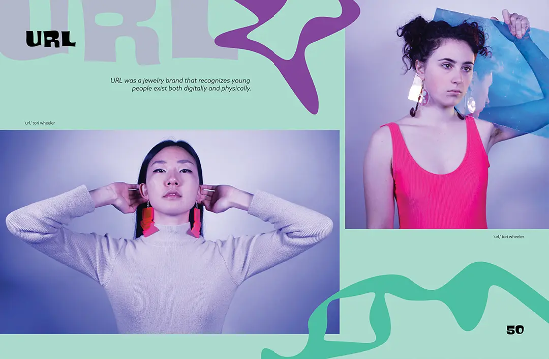 Magazine spread with a light teal background and bright teal and purple squiggles around the page. It includes two photos from Tori's URL project, which was a jewelry 
                        brand that recognizes young people exist both physically and digitally. The models in the photos are wearing large colorful acrylic earrings with digital themes.