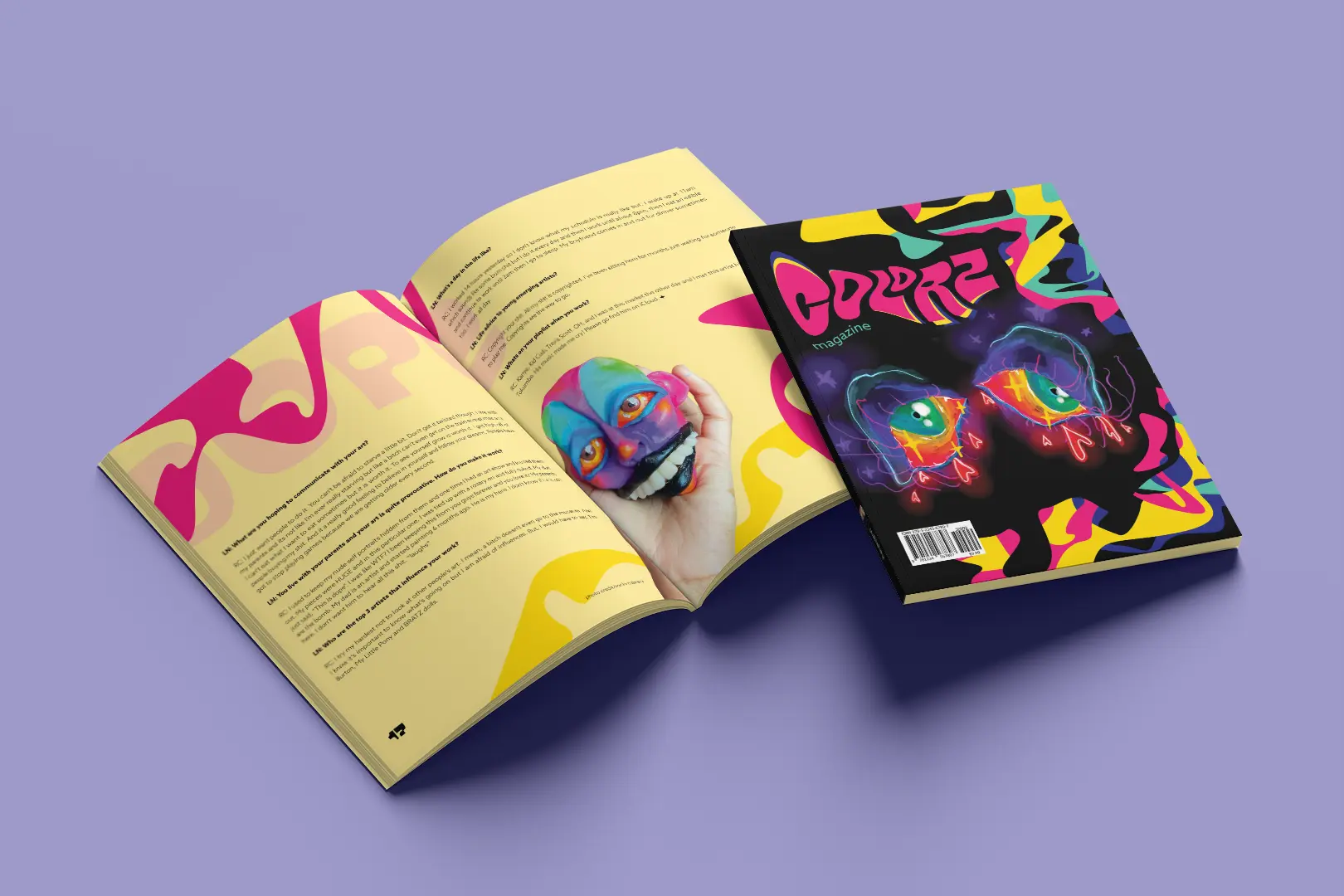 Mockup of an open spread and the front cover of Colorz magazine. The cover has a black background with an illustration 
                        of a pair of colorful, crying eyes by Rocio. The title is set in a pink warped font, and yellow and purple impressions 
                        of the title are pulling away from the background where it's most warped. There are colorful squiggles around the top, bottom, and right edges of the cover. 
                        The spread has a pale yellow background with bright pink and yellow squiggles around it. The word 'Dope' in pale pink goes across 
                        the top left of the spread. There's text on the page which is set around a large cutout image of Rocio's hand holding a sculpted head.