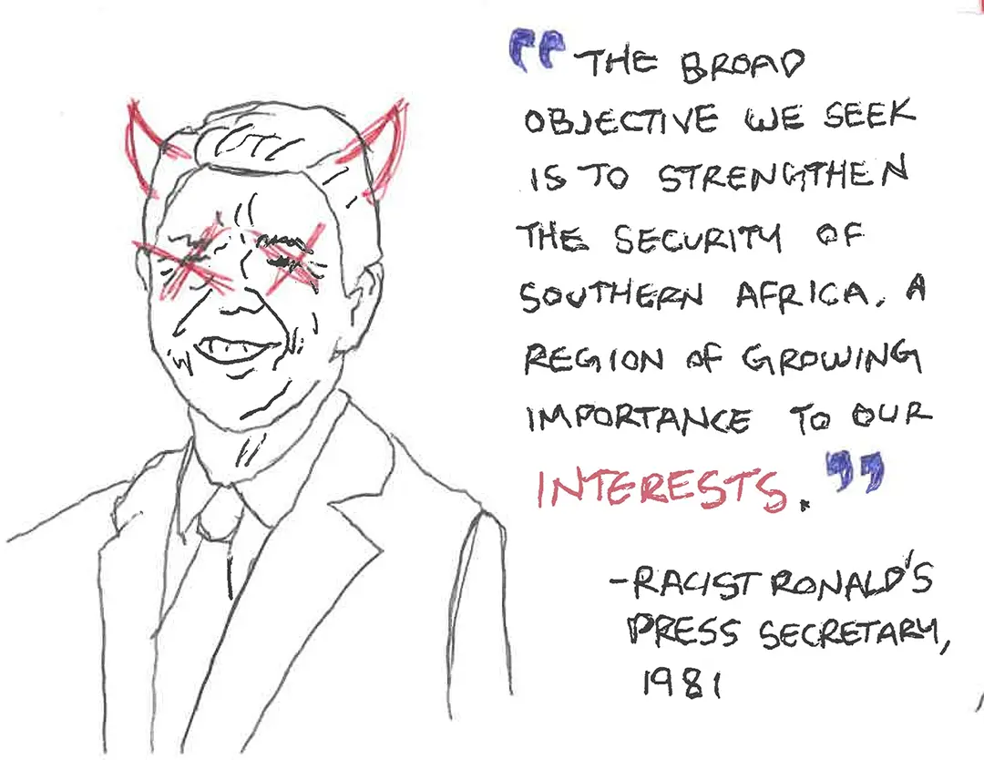 Zine spread with a scribbly ballpoint pen drawing of Ronald Reagan on the left. He has 
                        red Xs over his eyes. To his right is a quote.