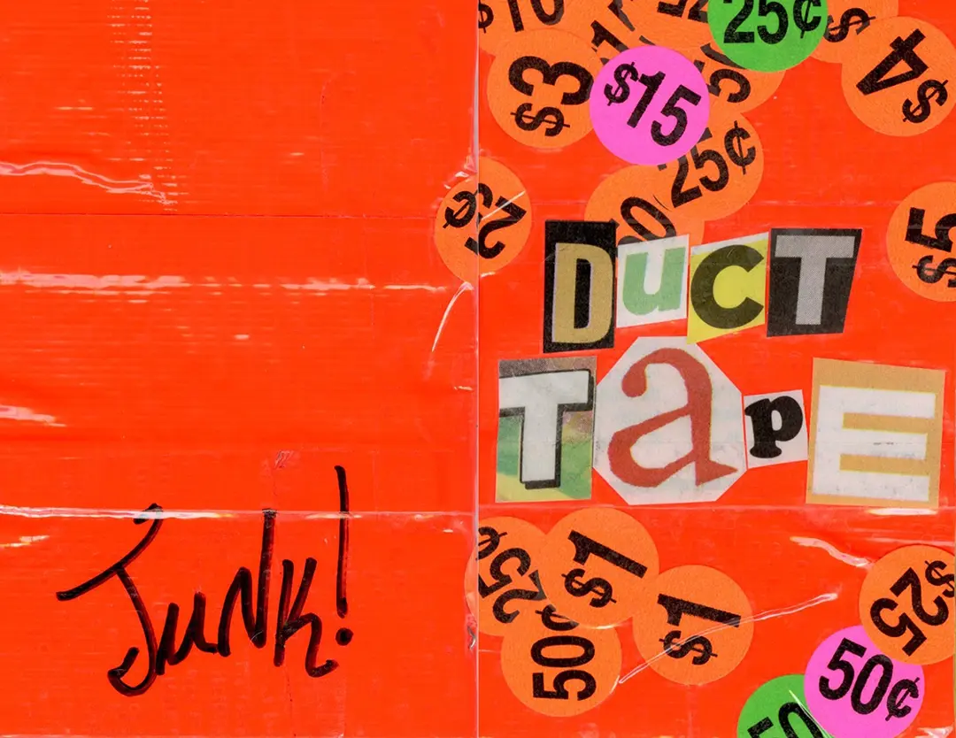 Front and back cover of the zine. It's made of orange duct tape. The text is cutout letters from 
                        magazines and it's covered in colorful circular price tag stickers. The back is signed Junk!