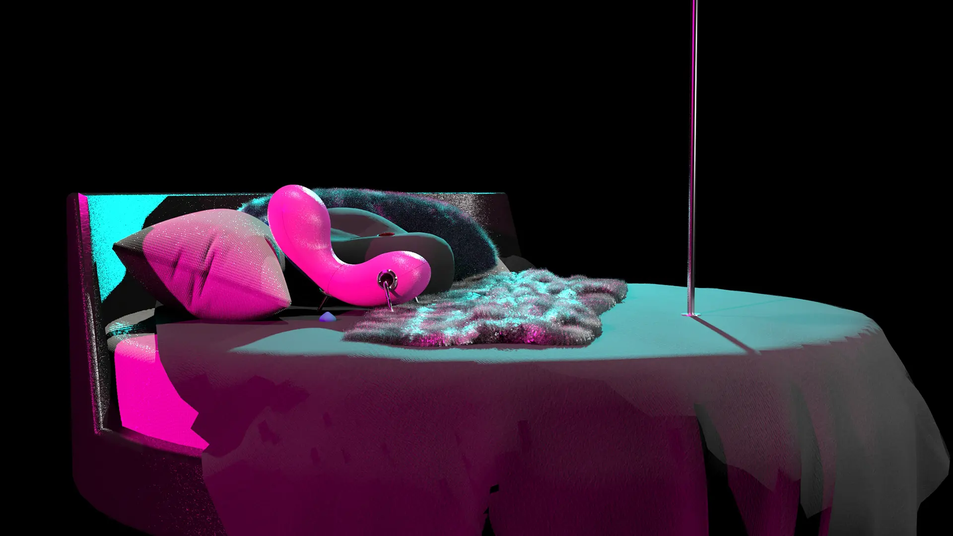 Wide view of a 3D modeled scene of a round, black leather bed floating in dark space. On the bed 
                        are pillows and fuzzy blankets. Near the pillows is a pink Embryo chair, and it's facing a pole on the 
                        other side of the bed. The scale is surreal as the bed and pillows are much larger than the chair and pole. 
                        The scene is lit with pink and blue lighting.