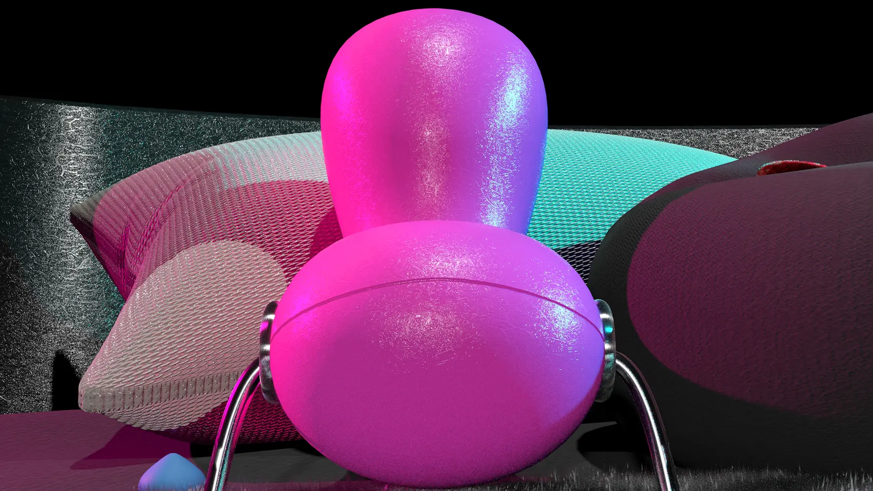 Close up of the chair from a low front-angle view with pillows in the background. On the bed next to the chair 
                        is a vibrator. 