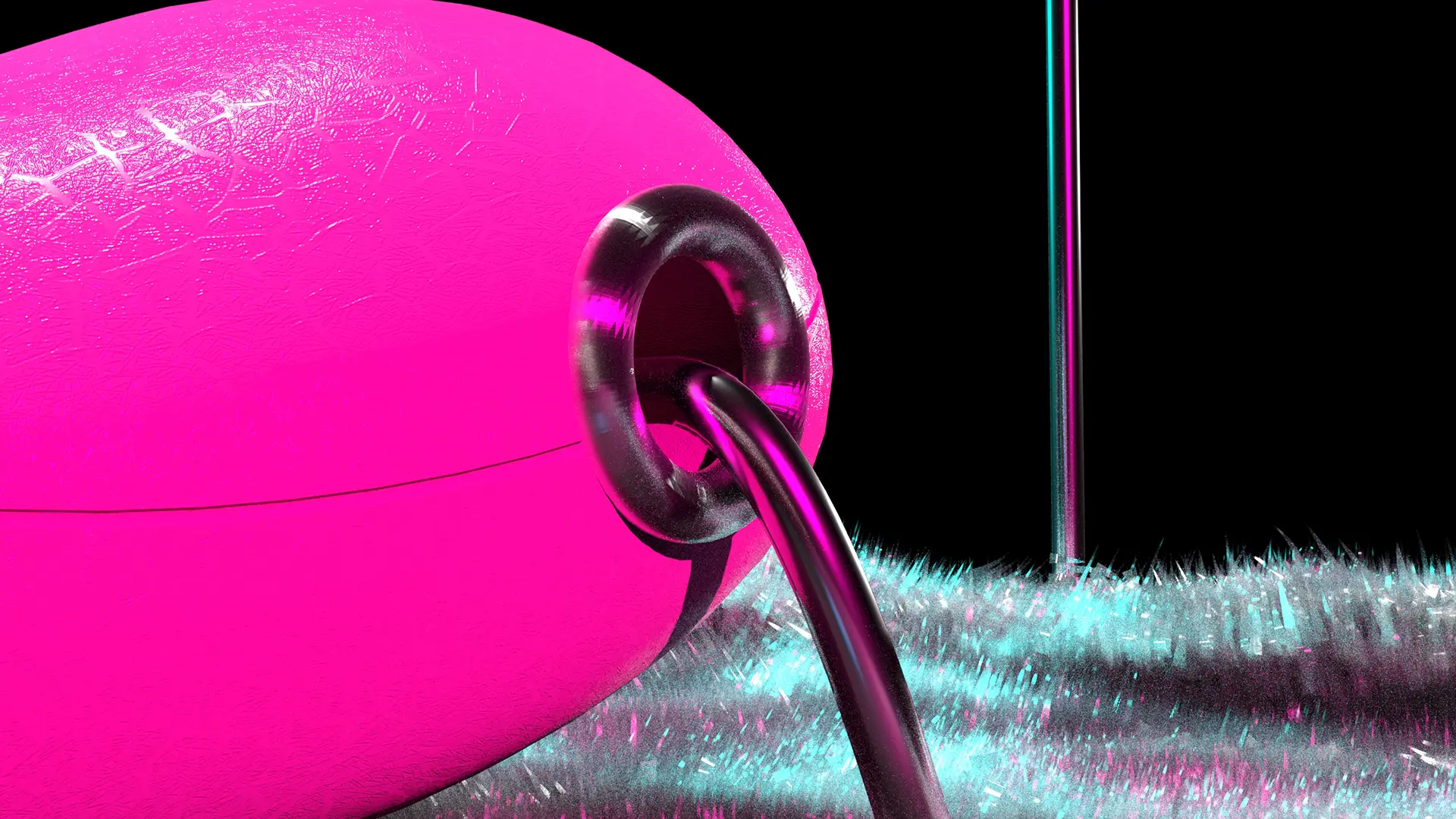 Close up from behind the chair looking at the pole. The chrome of the pole and the chair legs are reflecting the pink 
                        of the chair as well as the pink and blue lighting of the scene.