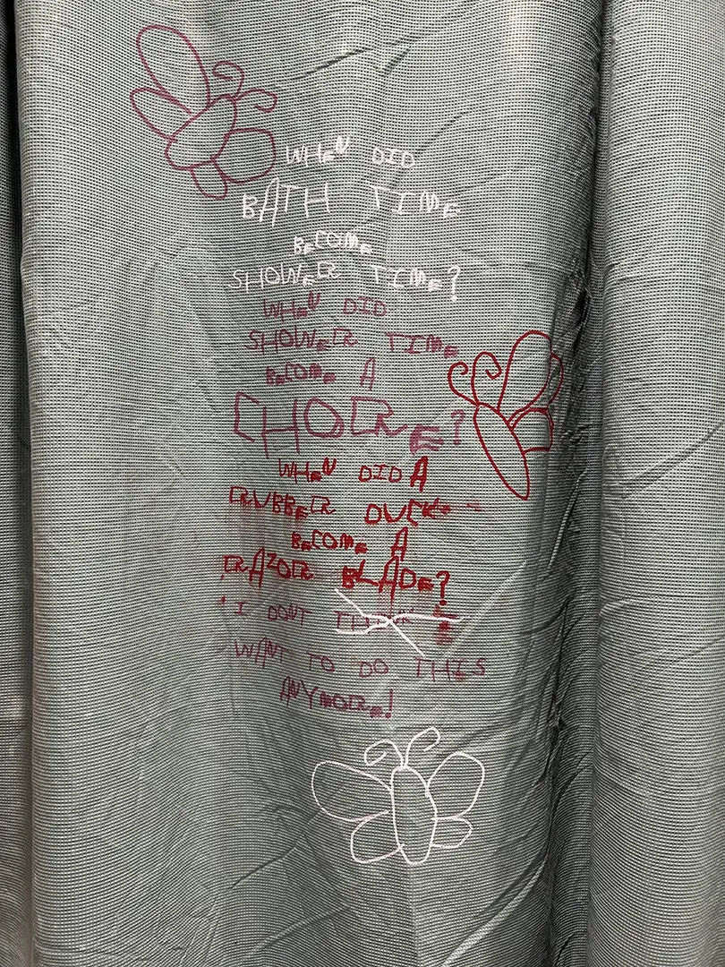 Close up of shower curtain with a poem printed in pink and red ink. 
                            "When did bath time become shower time? When did shower time become a chore? When did a rubber
                            duck become a razor blade? I don't think I want to do this anymore!" "Think I" is 
                            crossed out and there are three childlike drawings of butterflies surrounding the poem.