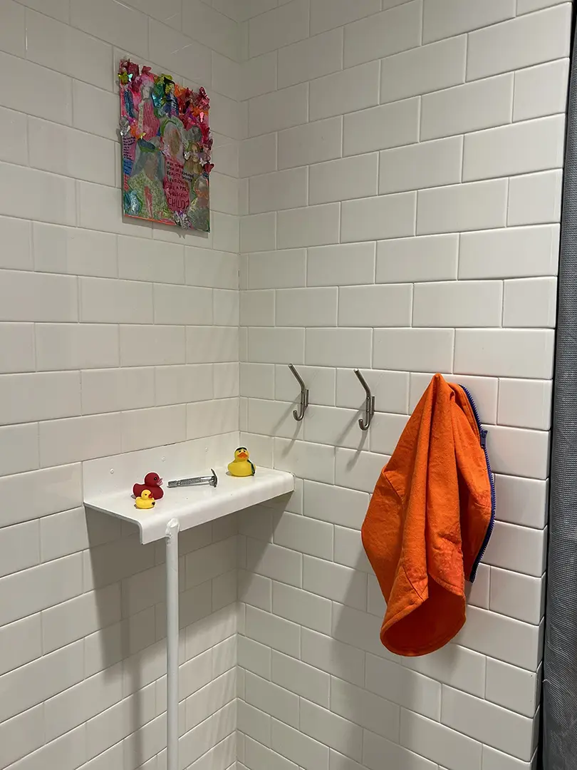 Corner with a pink painting hanging above a shelf. On the shelf are three rubber ducks surrounding a 
                            safety razor. Hanging on a hook on the other wall is a section from a pair of orange zip-off pants.