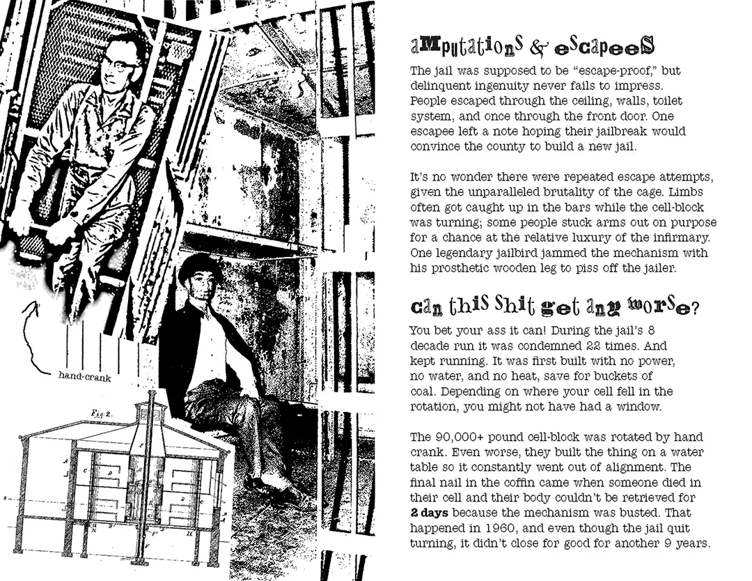 Second spread of the zine. On the left is a full page collage with an image of someone turning 
                        the hand crank, an image of a mannequin inside one of the cells, and another image from the design 
                        patent. On the right page is text.