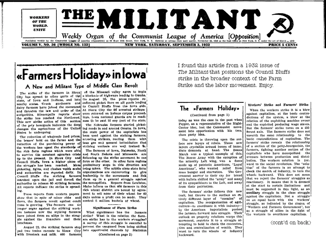 Final spread of the zine. The masthead of The Militant, a communist publication from the 1930s, 
                        goes across the top of the whole spread. The pages have clippings from the paper about the farmers' strike in Iowa.